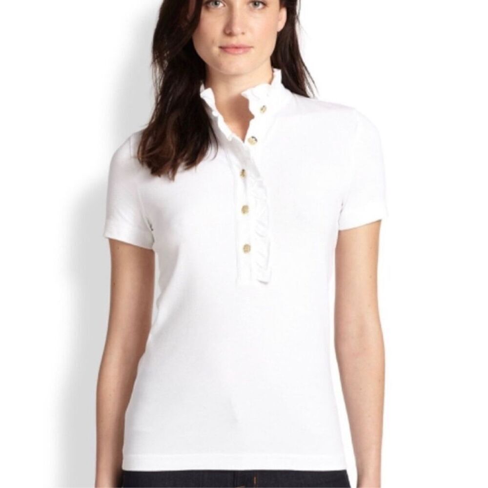 Tory Burch Women Lidia Short Sleeve Ruffle Polo Shirt White Size small petite